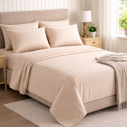 MR24 1000 Thread Count Queen Bed Sheet Set – Deep Pocket 17 Inch | Luxury Stripe Cotton Bedding | Beige / Cream