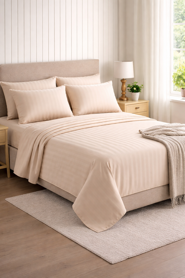 MR24 1000 Thread Count Queen Bed Sheet Set – Deep Pocket 17 Inch | Luxury Stripe Cotton Bedding | Beige / Cream