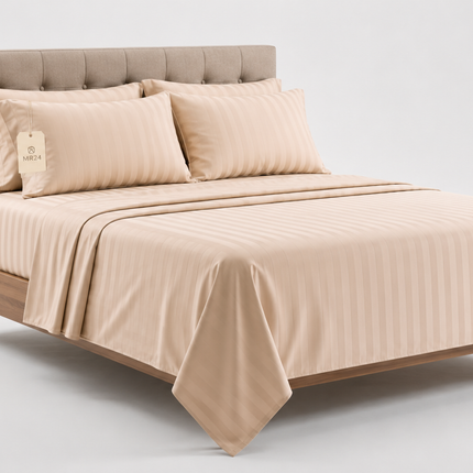 MR24 1000 Thread Count Queen Bed Sheet Set – Deep Pocket 17 Inch | Luxury Stripe Cotton Bedding | Beige / Cream