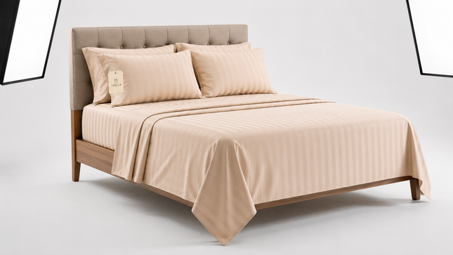 MR24 1000 Thread Count Queen Bed Sheet Set – Deep Pocket 17 Inch | Luxury Stripe Cotton Bedding | Beige / Cream