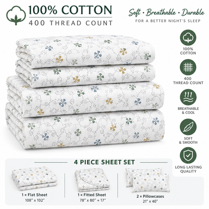 MR24 100% Cotton King Sheet Set 400 Thread Count – Soft Breathable 4 Piece Bedding, Fitted Sheet Deep Pocket, Flat Sheet & 2 Pillowcases