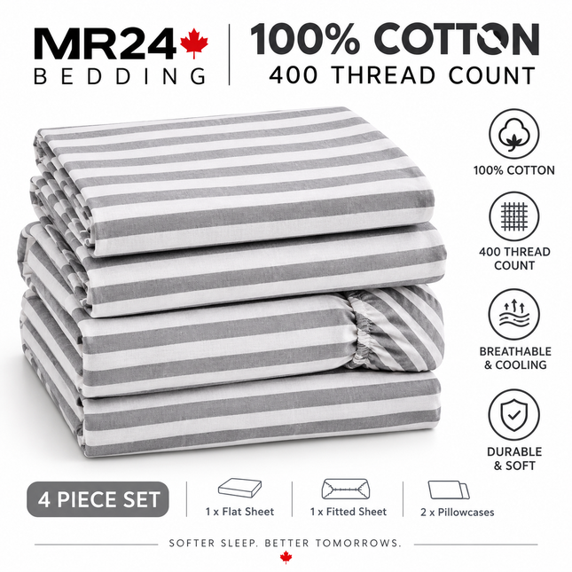 King Size 4-Piece 100% Organic Cotton Bedsheet Set - 400 Thread Count Gray Stripe Bedding, Deep Pocket Fitted Sheet with All-Around Elastic, 2 Pillowcases